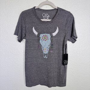 Chaser Top Womens Small Bull Skull Longhorn Tribal Graphic Tee Tunic Tshirt NEW